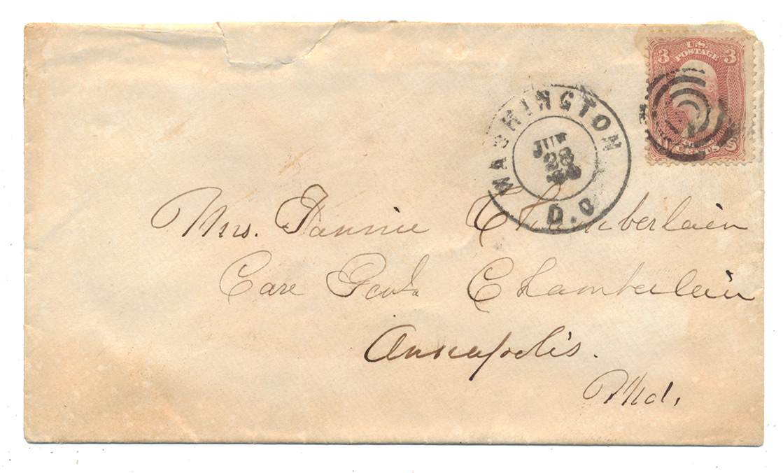 JUNE 28, 1864 COVER ADDRESSED TO FANNIE CHAMBERLAIN, CARE OF JOSHUA L. CHAMBERLAIN, ANNAPOLIS – SENT 10 DAYS AFTER BEING WOUNDED AT PETERSBURG, VA