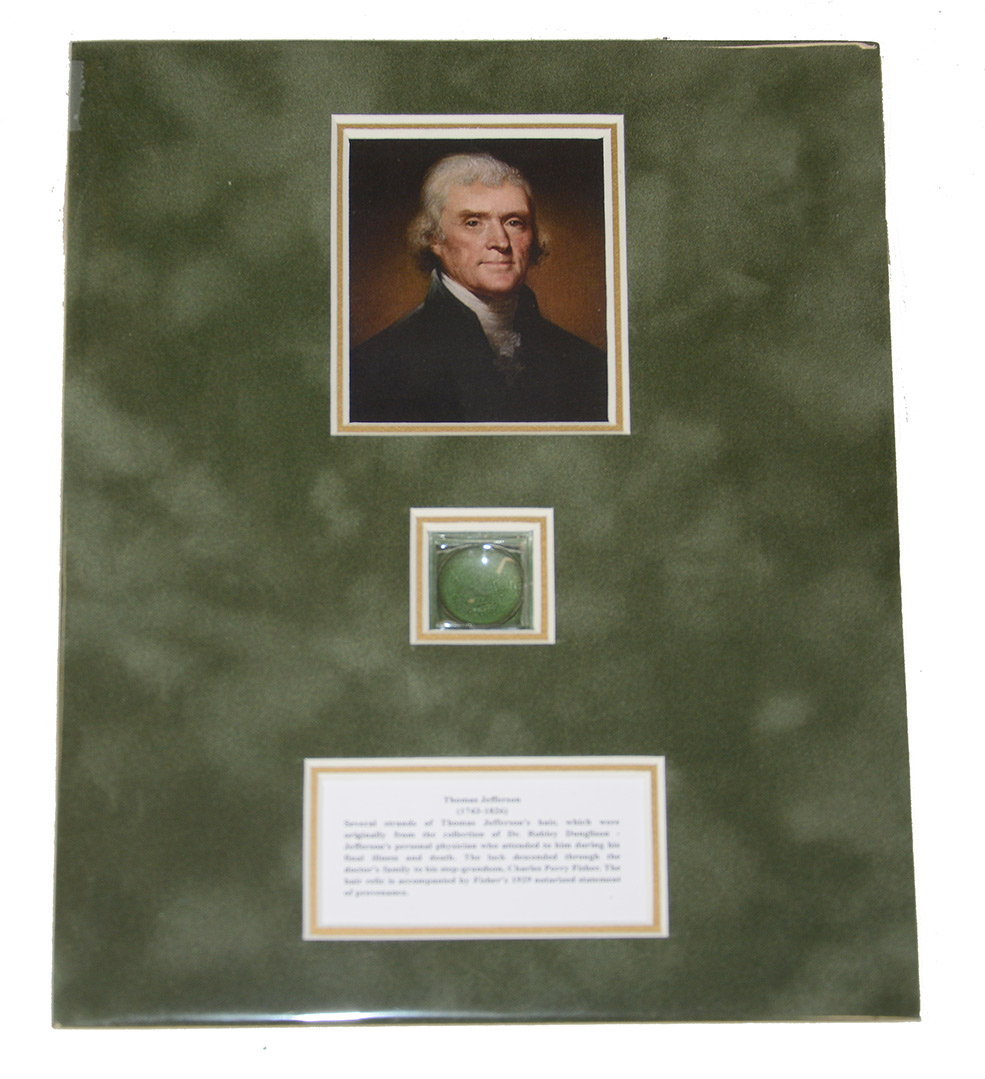 THOMAS JEFFERSON HAIR DISPLAY – FROM CHARLES FISHER COLLECTION, DESCENDENT OF JEFFERSON’S PERSONAL PHYSICIAN 