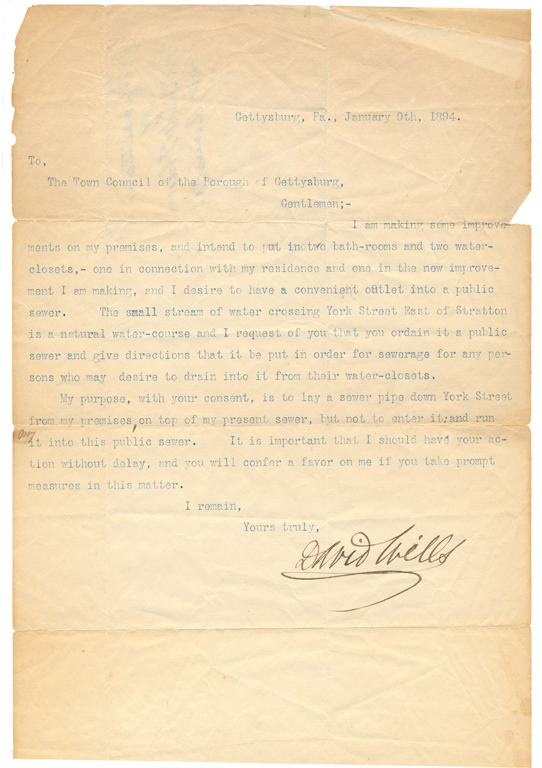 DAVID WILLS, LINCOLN'S GETTYSBURG HOST — TYPED LETTER SIGNED TO THE GETTYSBURG TOWN COUNCIL CONCERNING HIS PREMISES ON YORK STREET, 1894