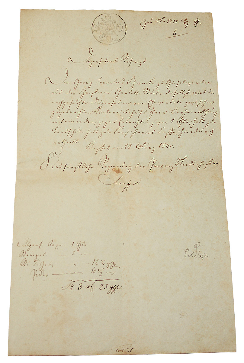 1840 GERMAN CONFEDERATION LEGAL MANUSCRIPT ON 10-KREUZER REVENUE-STAMPED PAPER