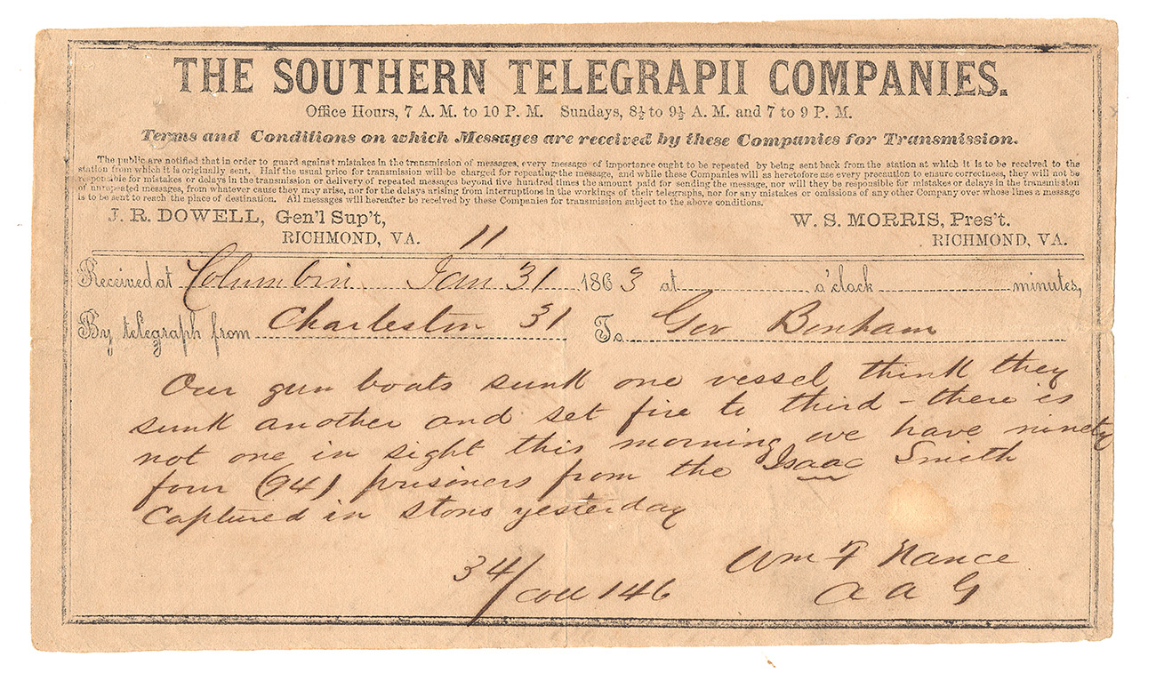 TELEGRAM REPORTING RESULTS OF NAVAL GUN BOAT FIGHT OFF CHARLESTON JANUARY 31, 1863