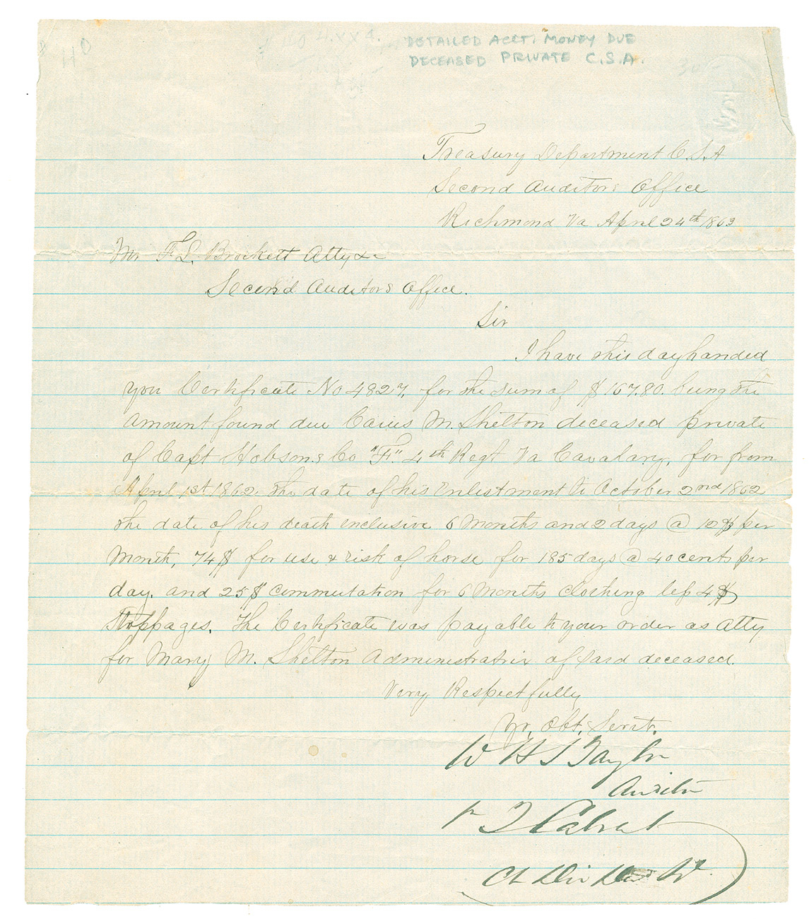 CONFEDERATE STATES TREASURY DEPARTMENT LETTER — SECOND AUDITOR'S OFFICE — DECEASED PRIVATE'S PAY CERTIFICATE, 4TH VIRGINIA CAVALRY 