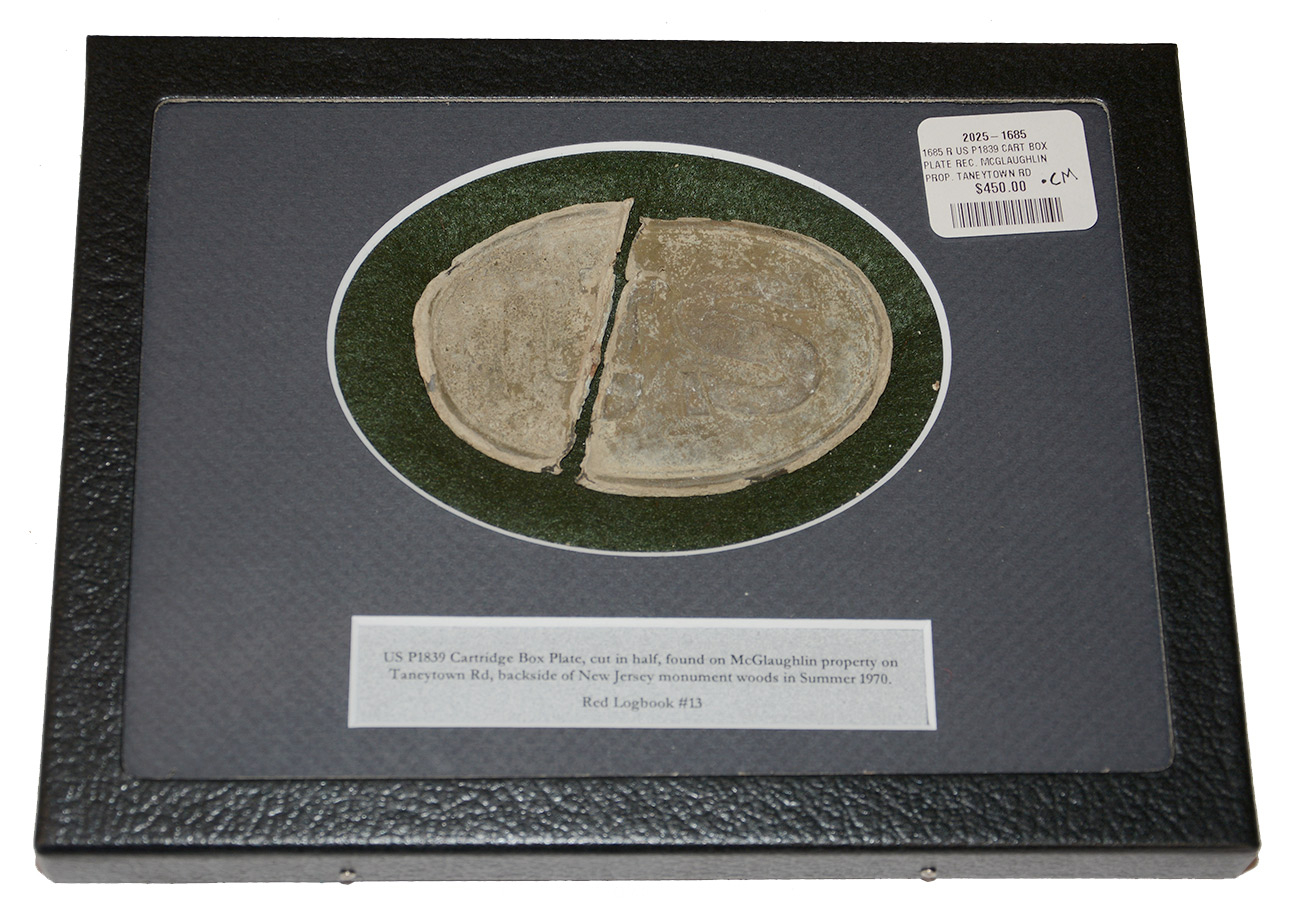 GETTYSBURG RELIC P1839 CARTRIDGE BOX PLATE – MCGLAUGHLIN PROPRETY, TANEYTOWN ROAD, BEHIND NEW JERSEY BRIGADE MONUMENT 