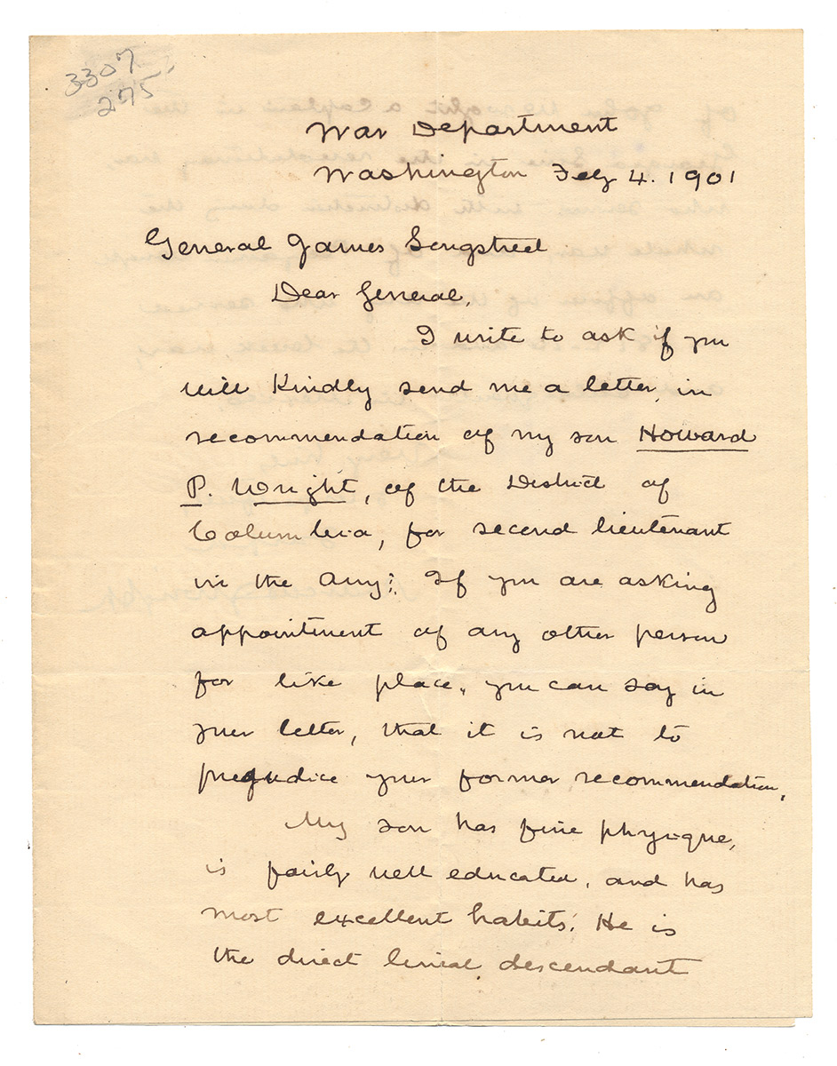 1901 AUTOGRAPH LETTER SIGNED, GEN. MARCUS J. WRIGHT, C.S.A., TO GEN. JAMES LONGSTREET - SEEKING MILITARY APPOINTMENT FOR HIS SON