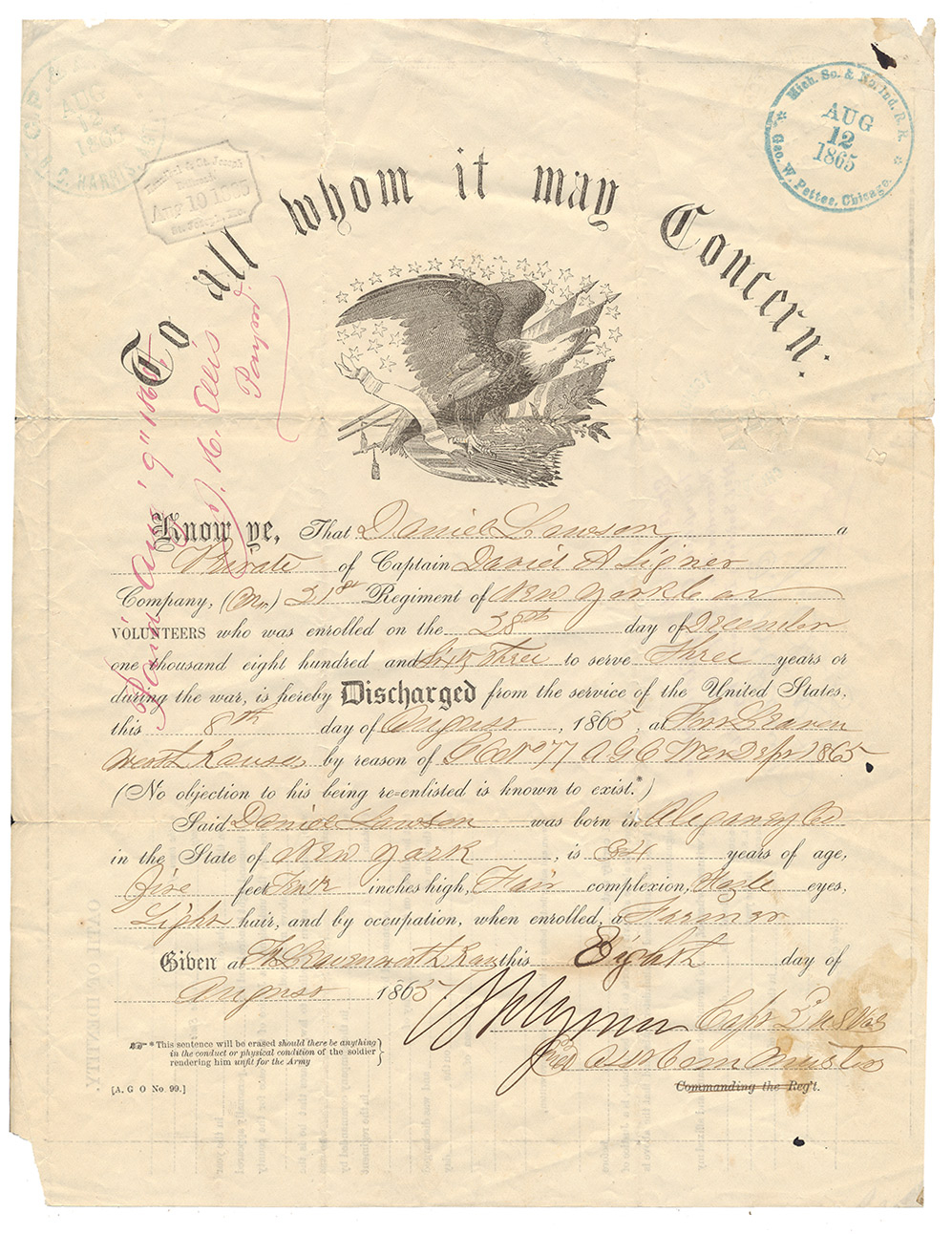 CIVIL WAR DISCHARGE — PRIVATE DANIEL LAWSON, 21ST NEW YORK CAVALRY (