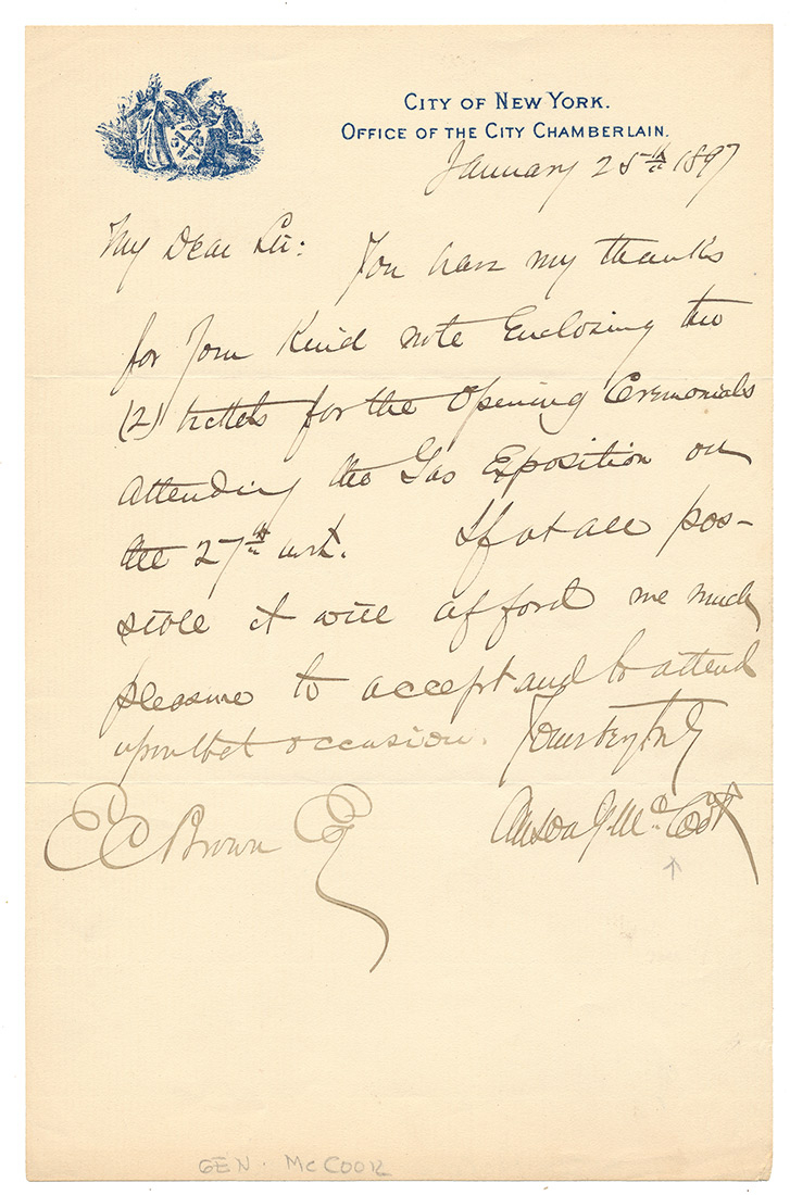 GEN. ANSON G. McCOOK – AUTOGRAPH LETTER SIGNED AS NEW YORK CITY CHAMBERLAIN, 1897 – ONE OF THE 