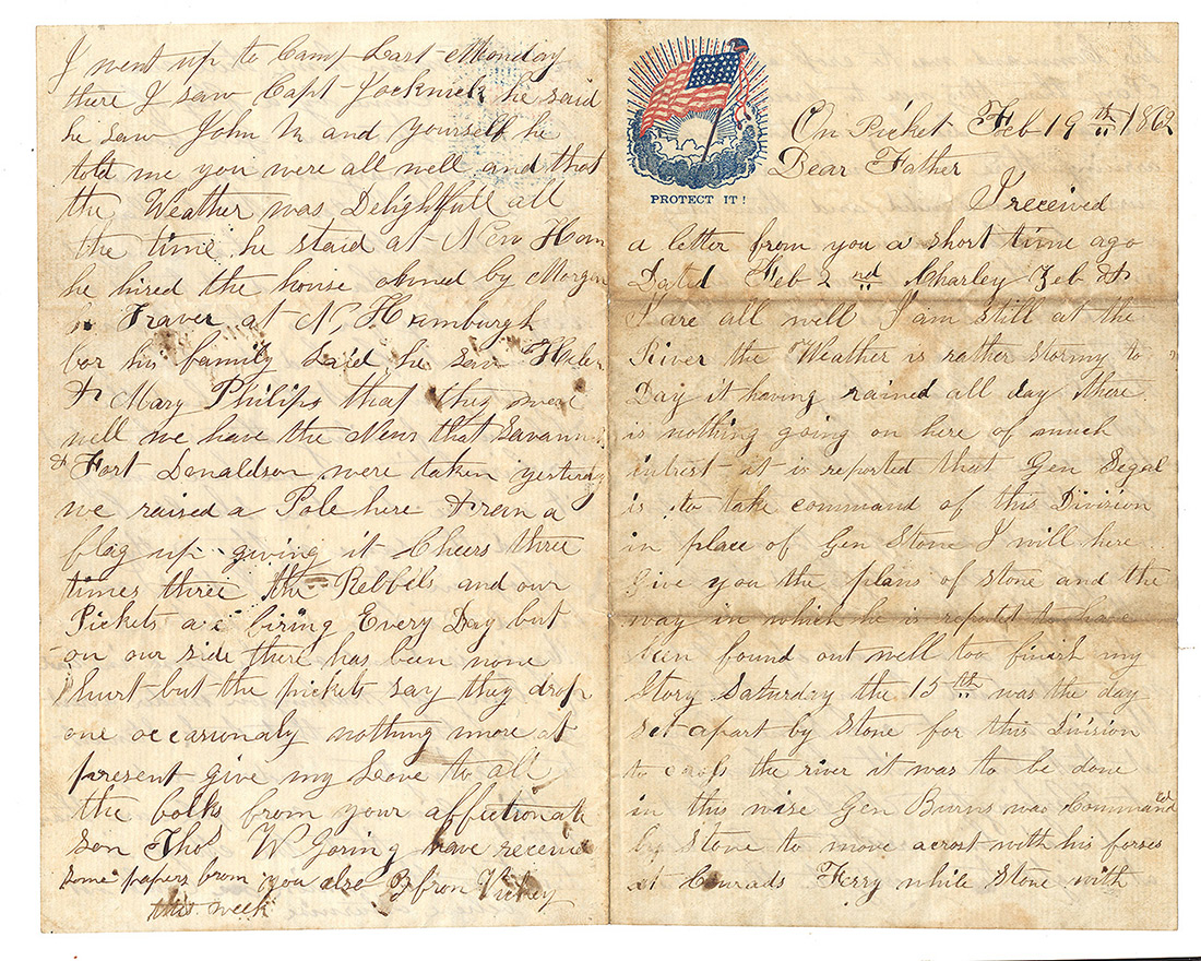 THOMAS W. GORING, CO. I, 3rd NEW YORK CAVALRY – PATRIOTIC LETTER, "ON PICKET," FEBRUARY 19, 1862 – CAMP RUMORS OF GEN. CHARLES P. STONE'S "TREASON" AND ARREST