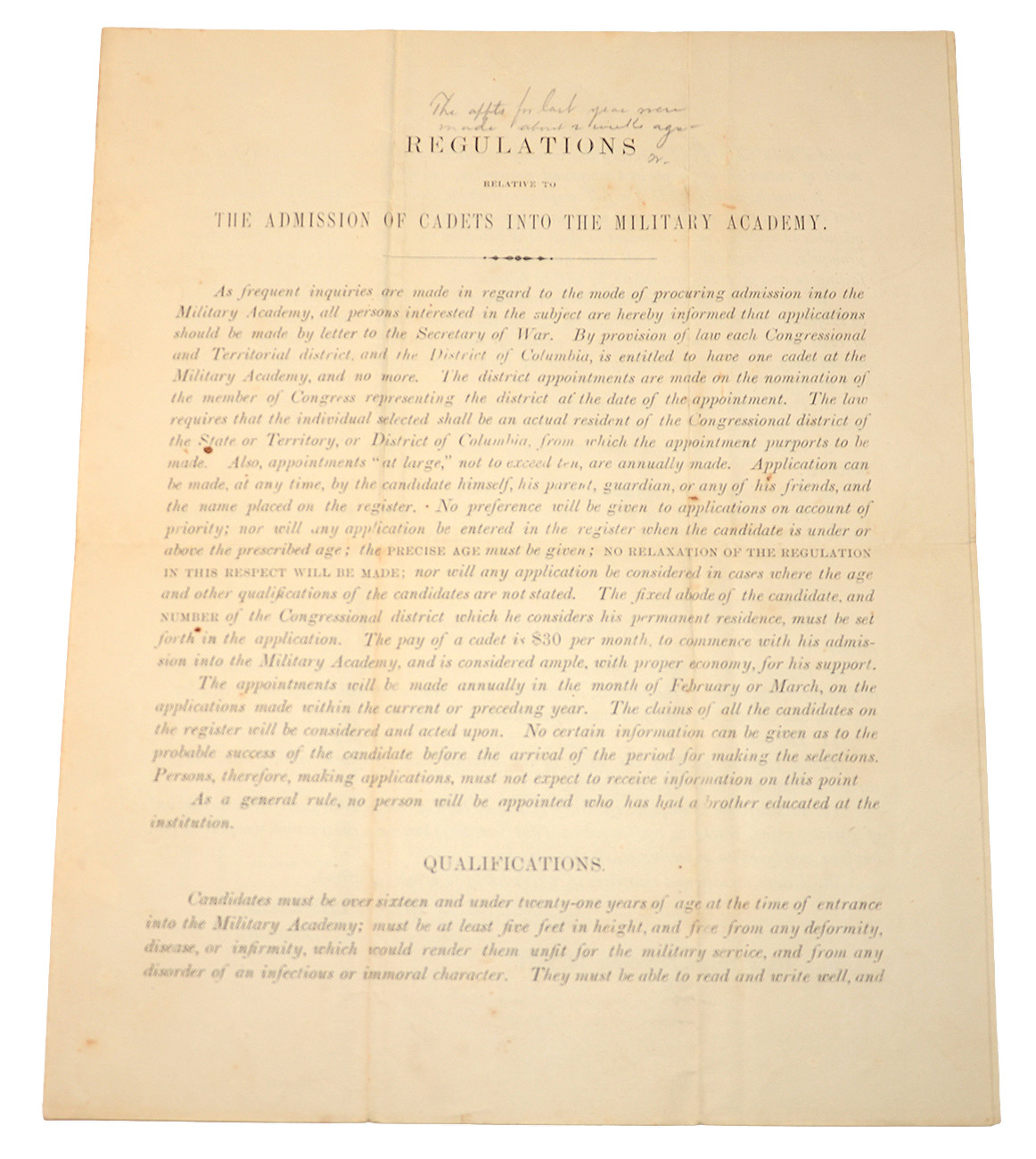 REGULATIONS FOR ADMISSION OF CADETS INTO THE MILITARY ACADEMY – SEPTEMBER 16, 1861