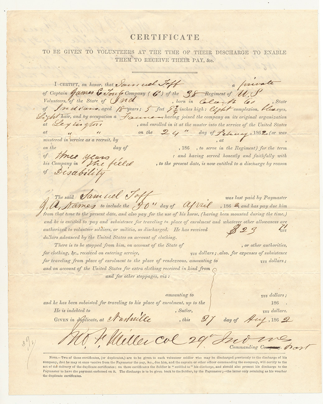 38th INDIANA DISCHARGE - UNION BRIG. GENERAL JOHN F. MILLER TWICE SIGNED 