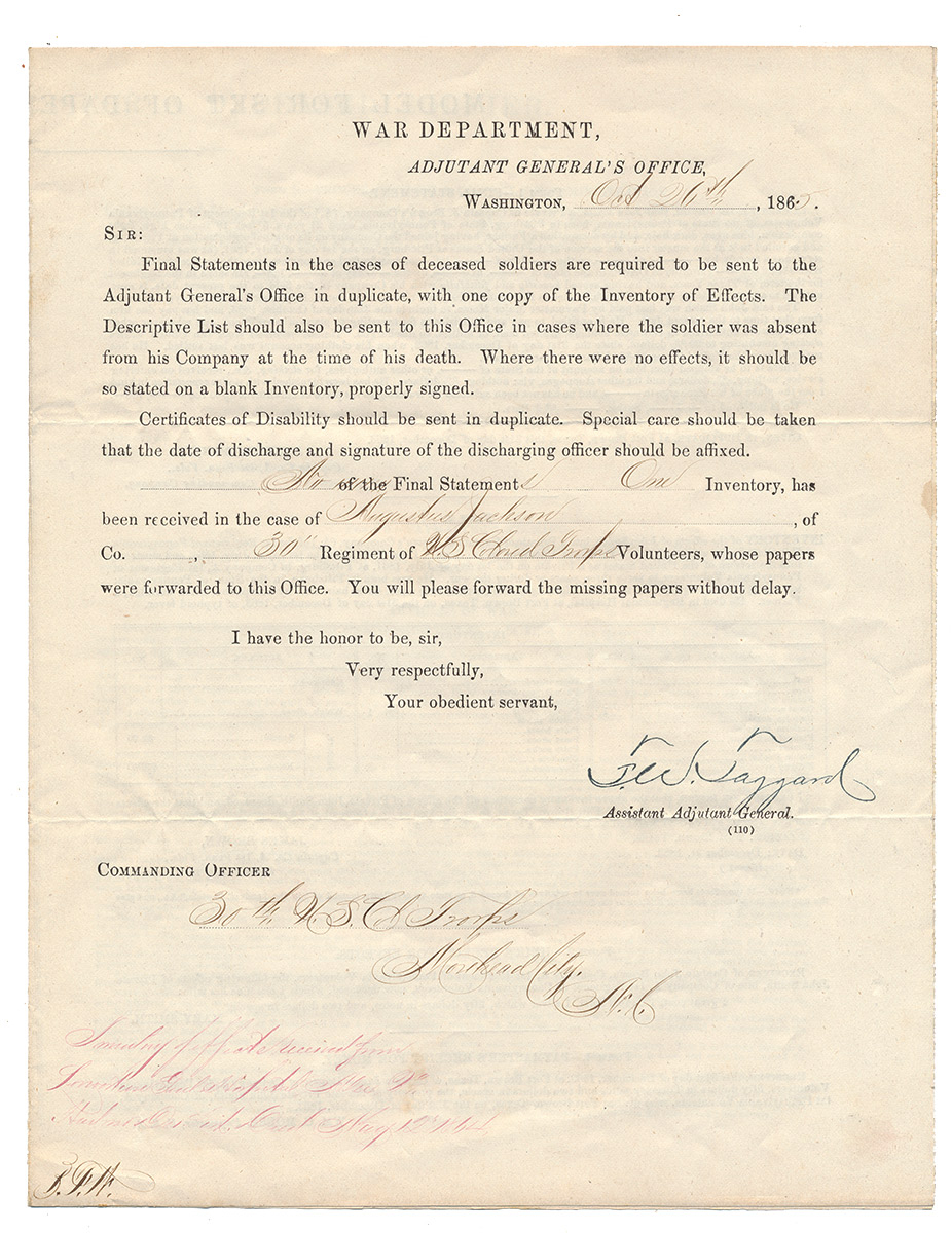 WAR DEPARTMENT DOCUMENT CONCERNING THE DEATH OF A USCT SOLDIER, AUGUSTUS JACKSON – WITH PRINTED 