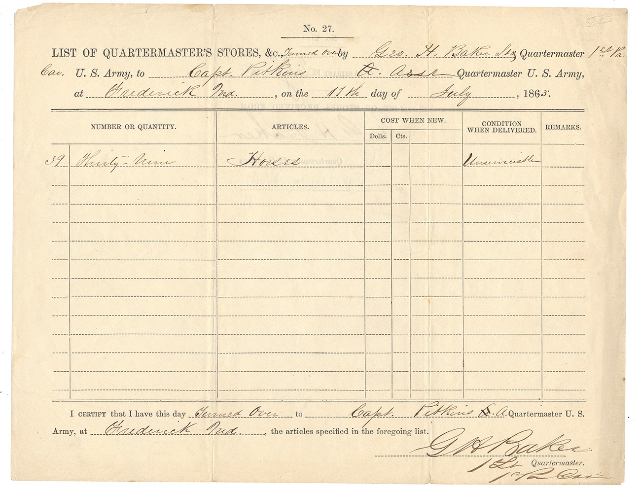 GETTYSBURG CAMPAIGN CAVALRY DOCUMENT – 1ST PENNSYLVANIA CAVALRY – 39 UNSERVICABLE HORSES TURNED OVER AT FREDERICK, JULY 11th 