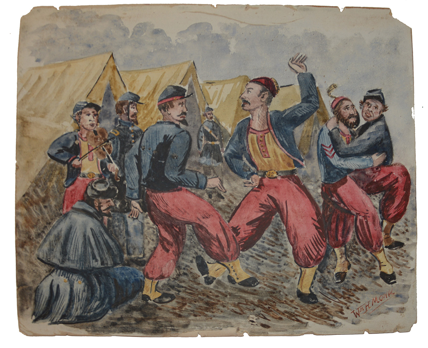 ORIGINAL WATERCOLOR — ZOUAVES DANCING IN CAMP — SIGNED WM. H. MONK