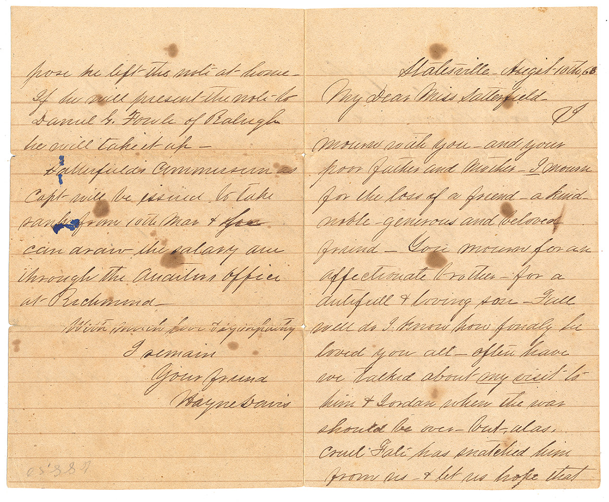 GETTYSBURG KILLED-IN-ACTION CONDOLENCE LETTER — WRITTEN BY THE FORMER CAPTAIN OF CO. H, 55TH NORTH CAROLINA, ON THE DEATH OF HIS SUCCESSOR, CAPT. E. FLETCHER SATTERFIELD