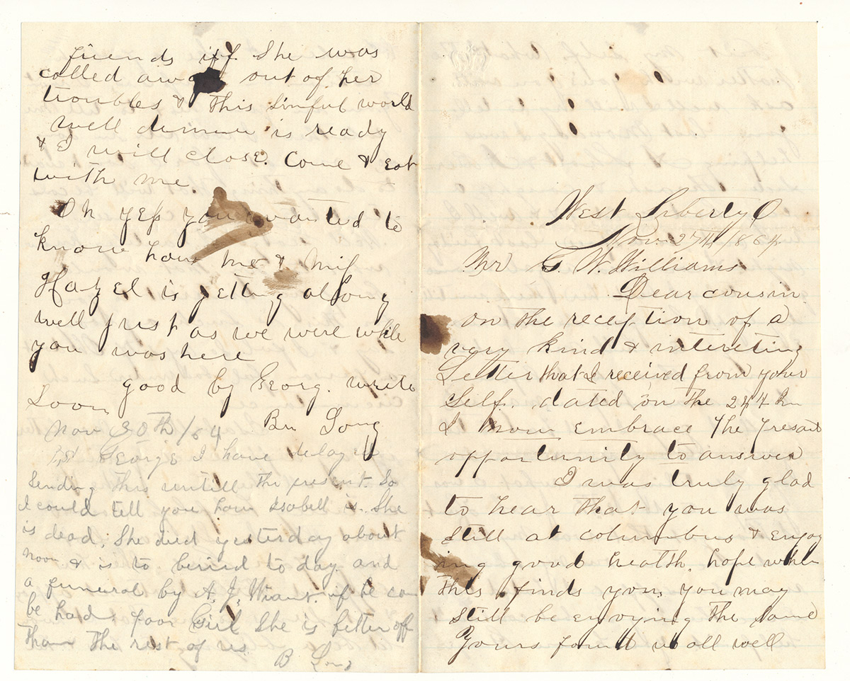 CIVIL WAR SOLDIER'S LETTER — CAMP CHASE, OHIO, USA GENERAL HOSPITAL — HOME FRONT CONTENT WITH NEWS OF A COUSIN'S DEATH