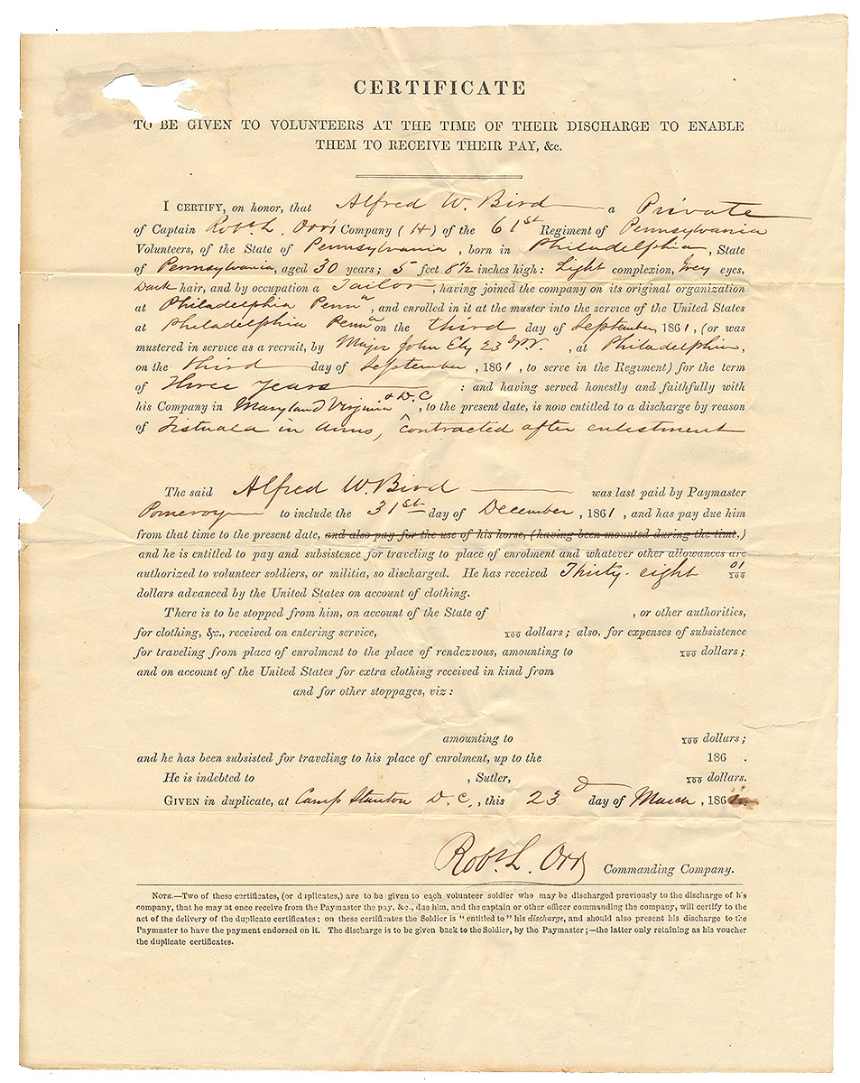 CIVIL WAR DISCHARGE CERTIFICATE SIGNED BY CAPT. ROBERT L. ORR — FUTURE MEDAL OF HONOR RECIPIENT, 61ST PENNSYLVANIA INFANTRY