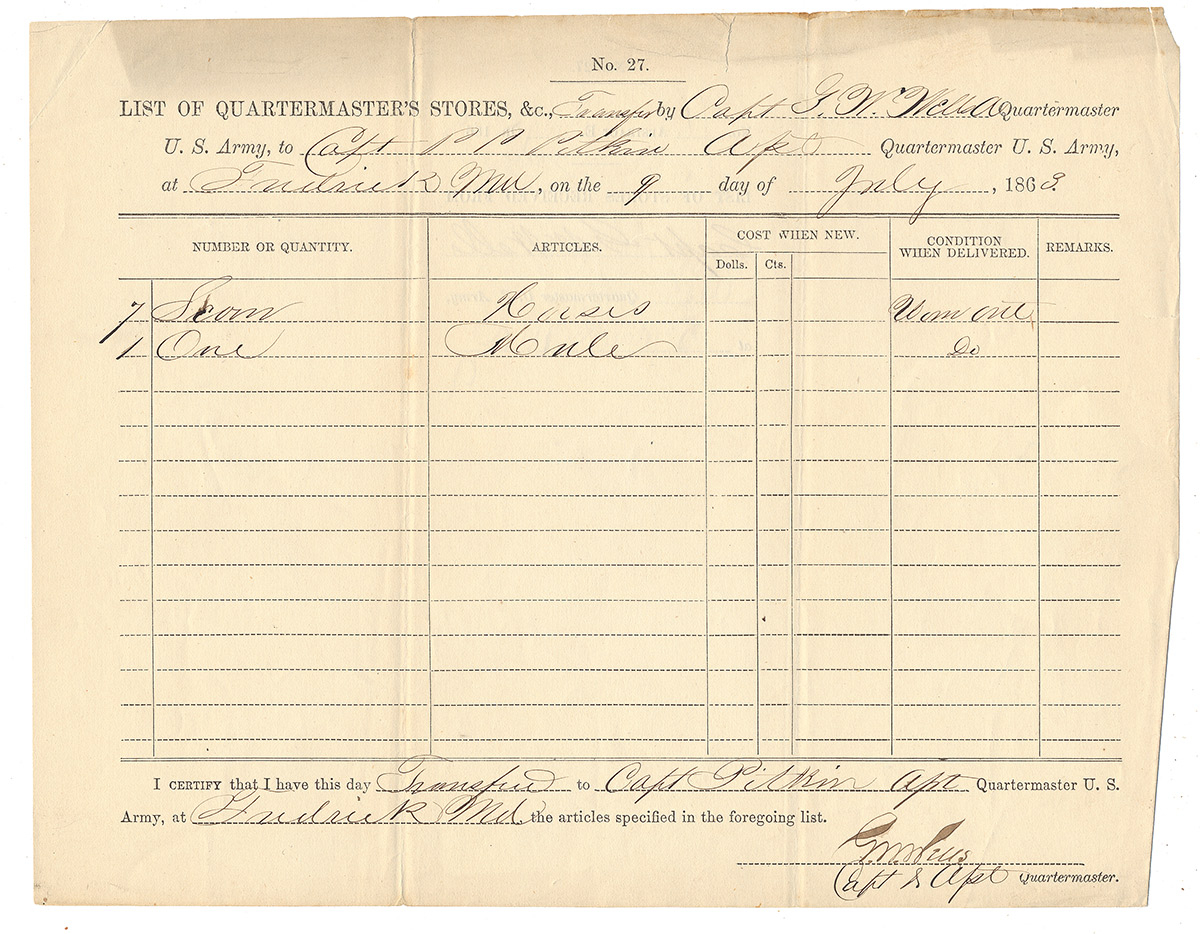 GETTYSBURG CAMPAIGN QM DOCUMENT – SEVEN HORSES AND A MULE TRANSFERRED AT FREDERICK, MD, July 9th, 1863