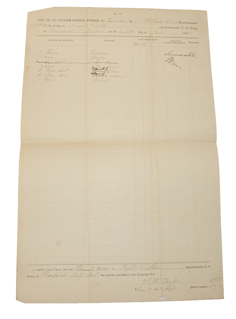 GETTYSBURG CAMPAIGN QUARTERMASTER DOCUMENT – 107TH NEW YORK, JULY 8th 1863, FREDERICK, MD