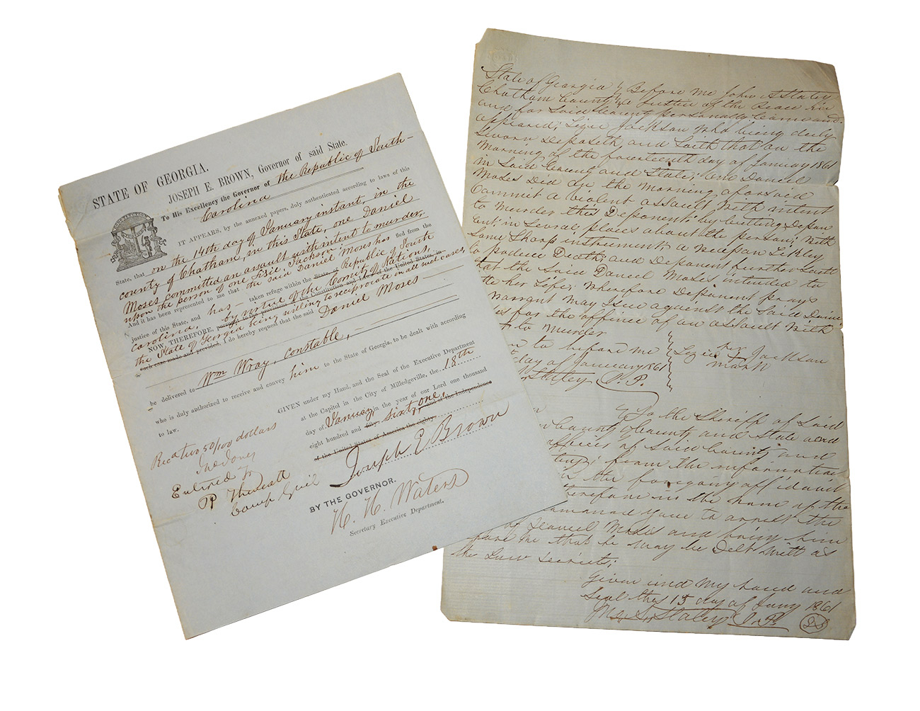 GEORGIA GOVERNOR JOSEPH BROWN SIGNED TWICE – JANUARY 18, 1861 REQUISITION TO THE “REPUBLIC OF SOUTH CAROLINA”, ISSUED THE DAY BEFORE GEORGIA SECEDED  
