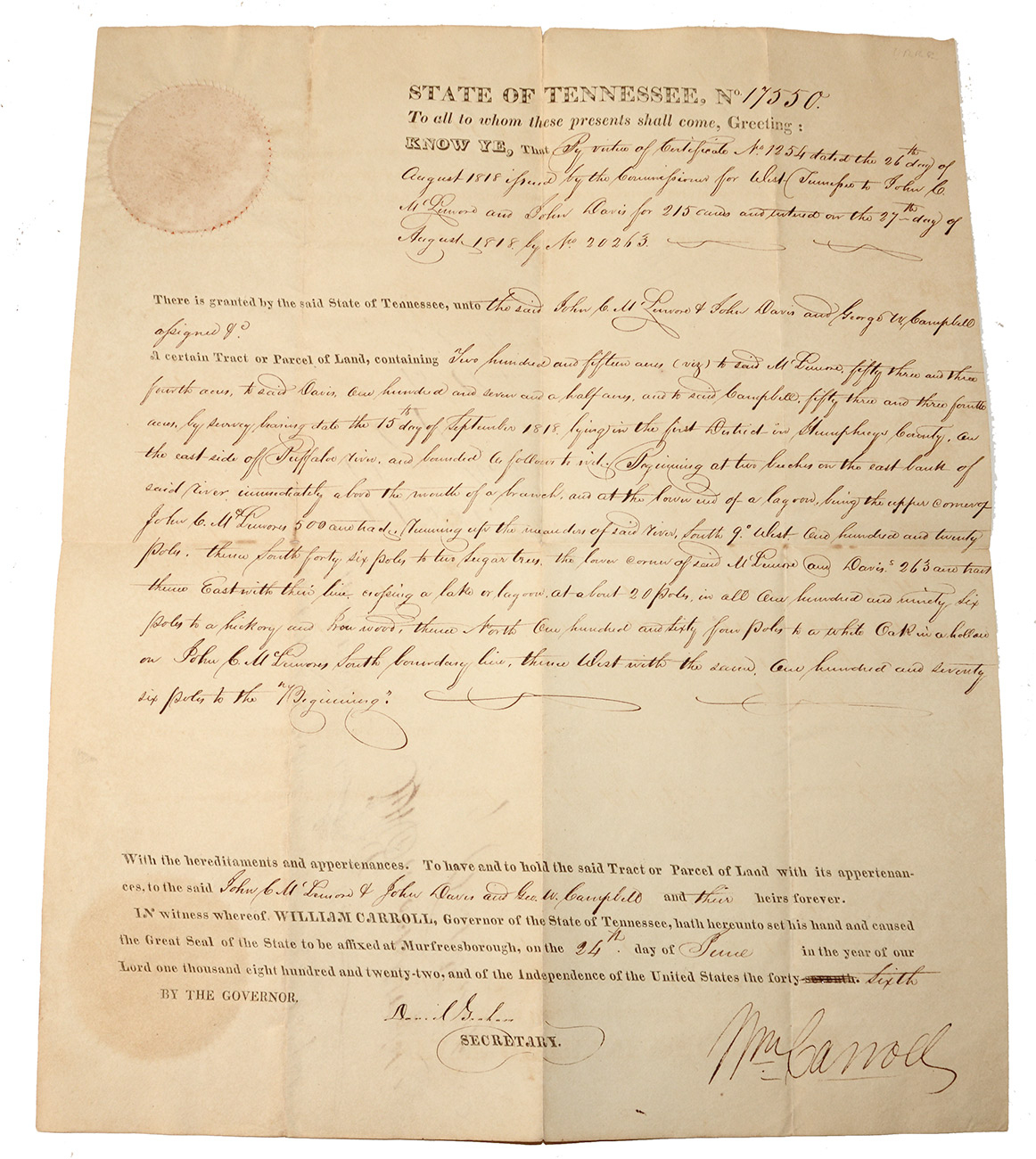 1822 TENNESSEE LAND GRANT SIGNED BY GOVERNOR WILLIAM CARROLL – HUMPHREYS COUNTY, BUFFALO RIVER – TO JOHN MCLEMORE, JOHN DAVIS, AND GEORGE CAMPBELL