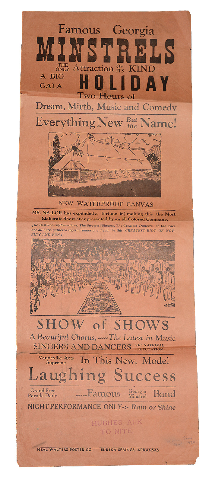 FAMOUS GEORGIA MINSTRELS DOUBLE SIDED TENT SHOW BILL –EUREKA SPRINGS, ARKANSAS – STAMPED FOR HUGHES ARKANSAS 