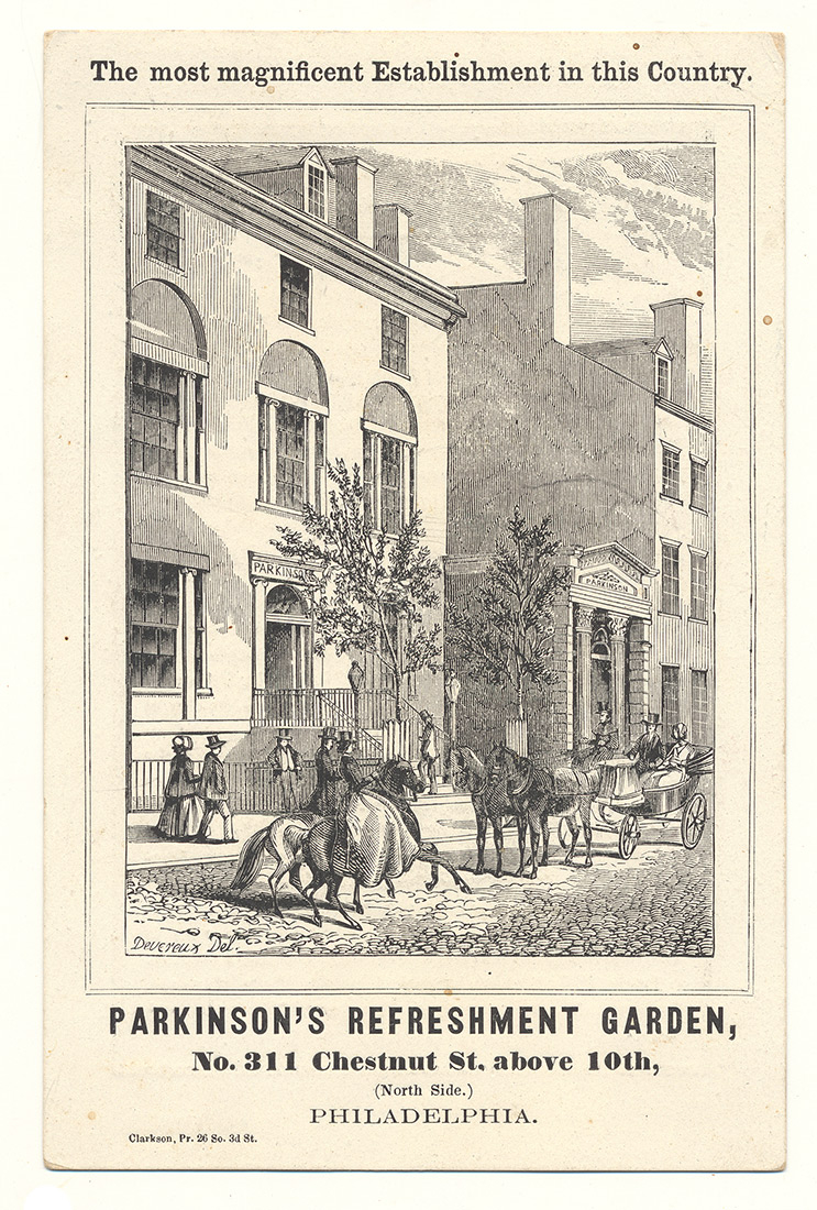 ADVERTISING CARD FOR PARKINSON’S REFRESHMENT GARDEN IN PHILADELPHIA