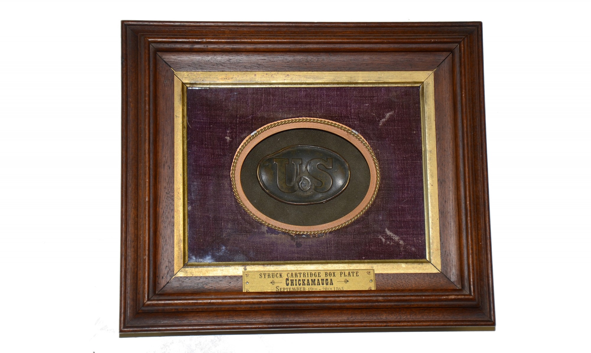 FRAMED, STRUCK US CARTRIDGE BOX PLATE FROM CHICKAMAUGA