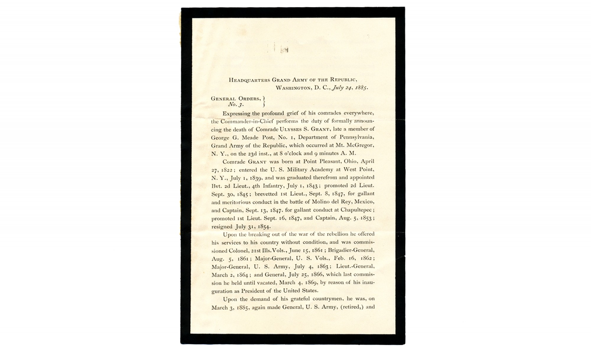 ANNOUNCING THE DEATH OF ULYSSES S. GRANT - 1885 G.A.R. HEADQUARTERS GENERAL ORDERS NO. 3 