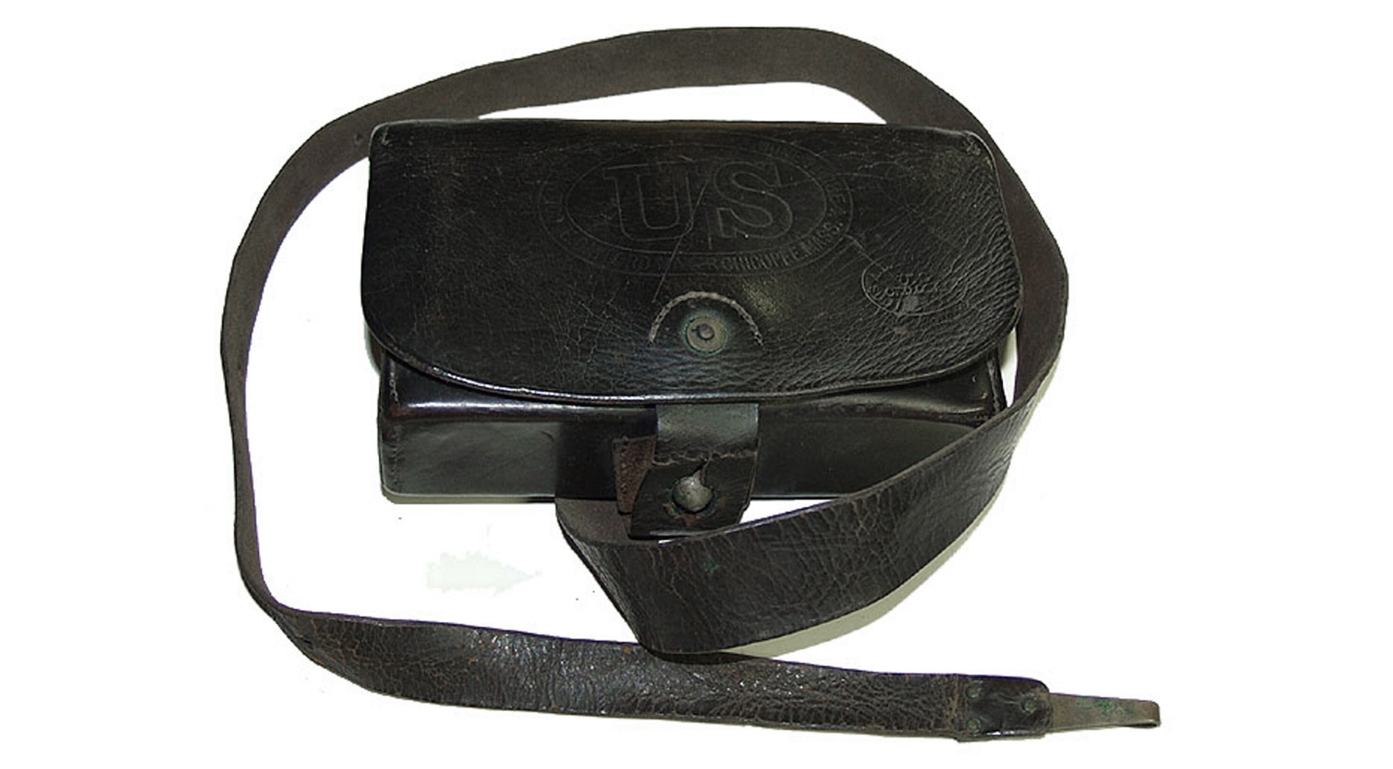 WONDERFUL FEDERAL CIVIL WAR ‘MANN’S PATENT’ LEATHER CAVALRY CARTRIDGE BOX