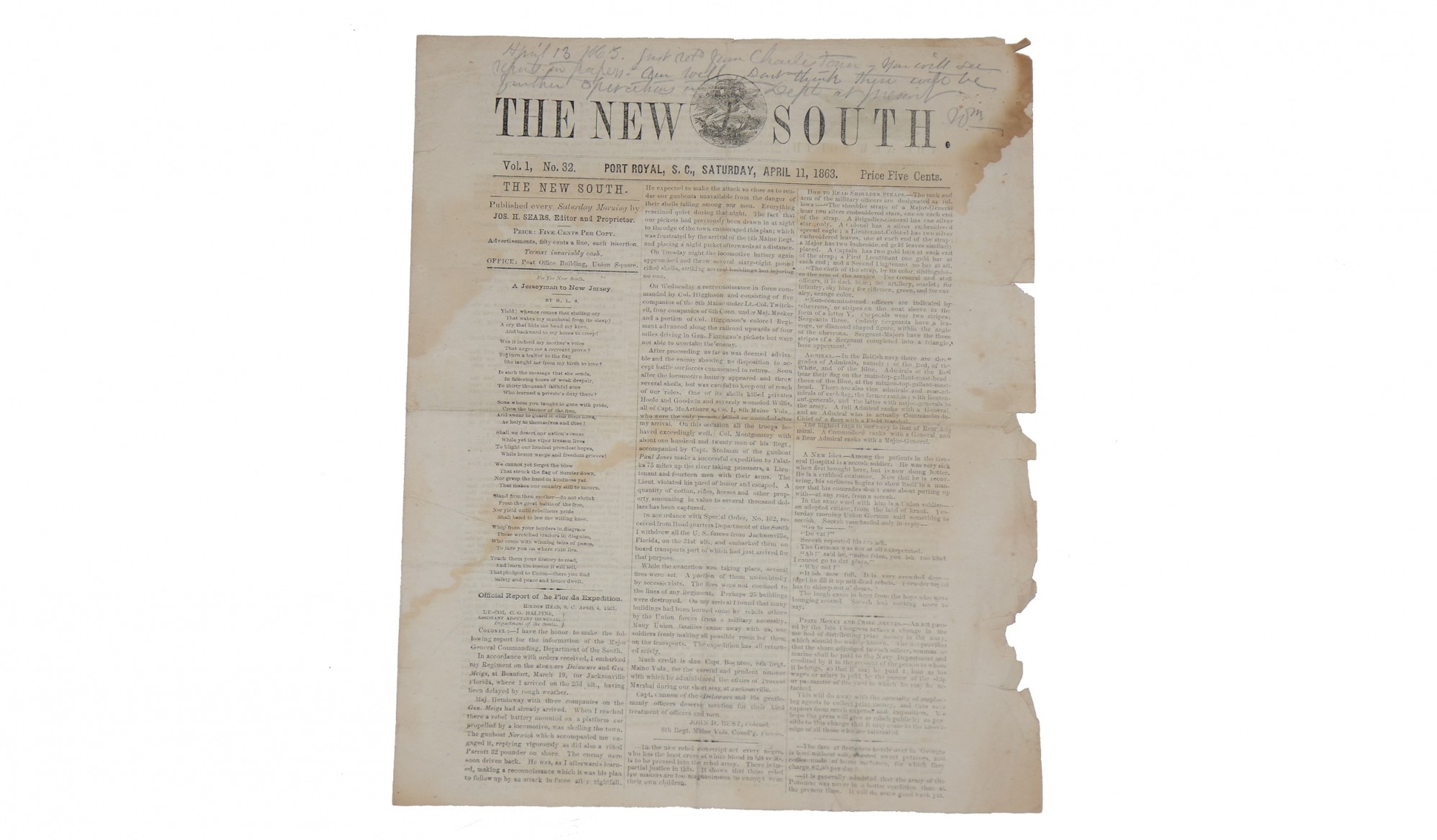SOUTHERN “UNION” NEWSPAPER, “THE NEW SOUTH” - APRIL 11, 1863