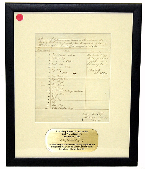 1862 ORDNANCE & EQUIPMENT DOCUMENT - 2ND NEW YORK INFANTRY