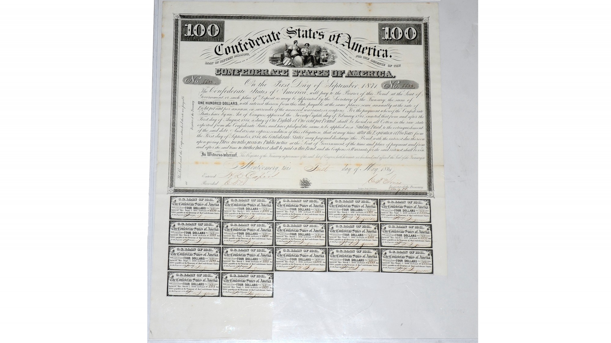 $100 CONFEDERATE BOND ISSUED FROM MONTGOMERY