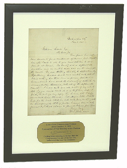 PRE-CIVIL WAR ALS - INDIANA CONGRESSMAN WILLIAM S. HOLMAN