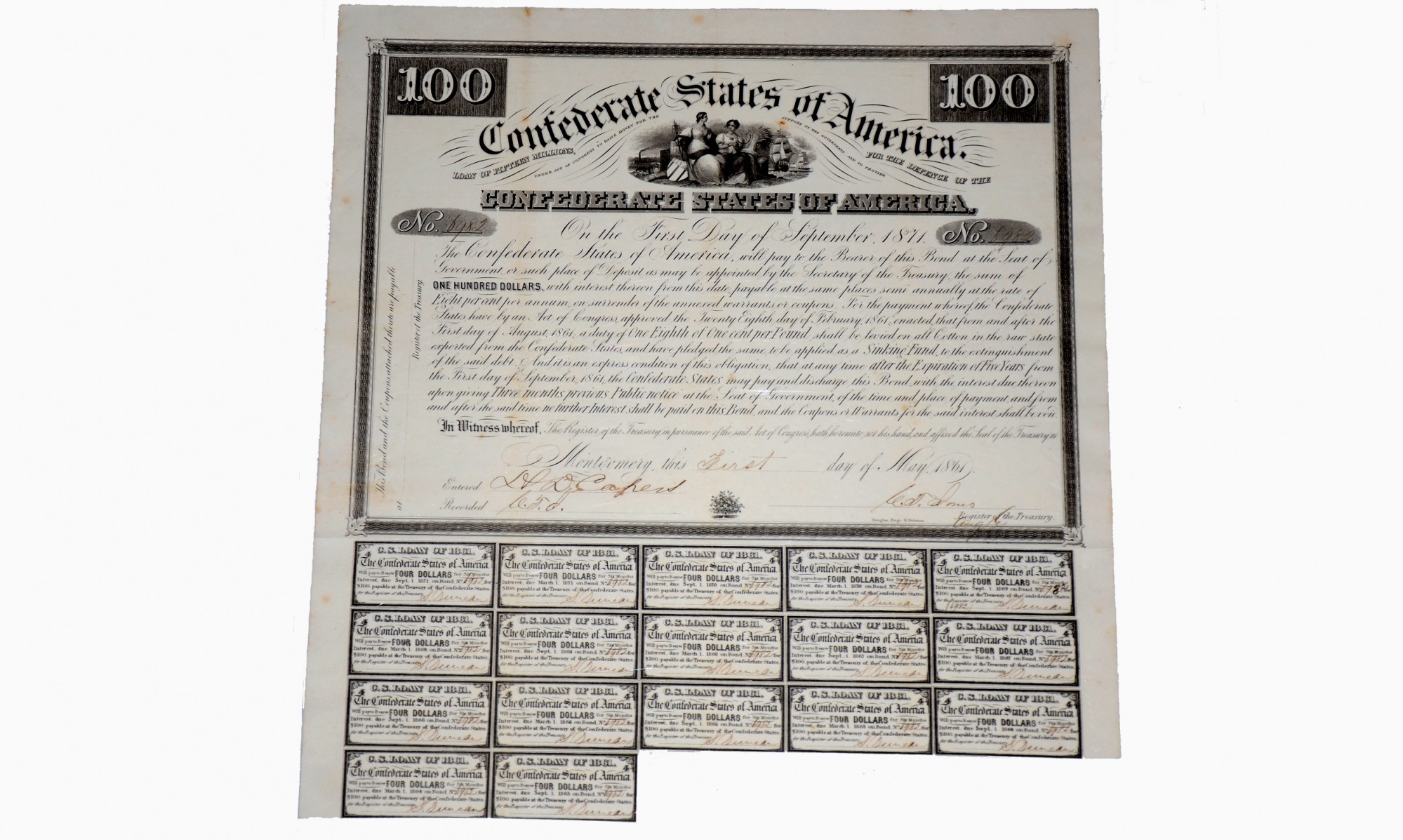 $100 CONFEDERATE BOND ISSUED FROM MONTGOMERY