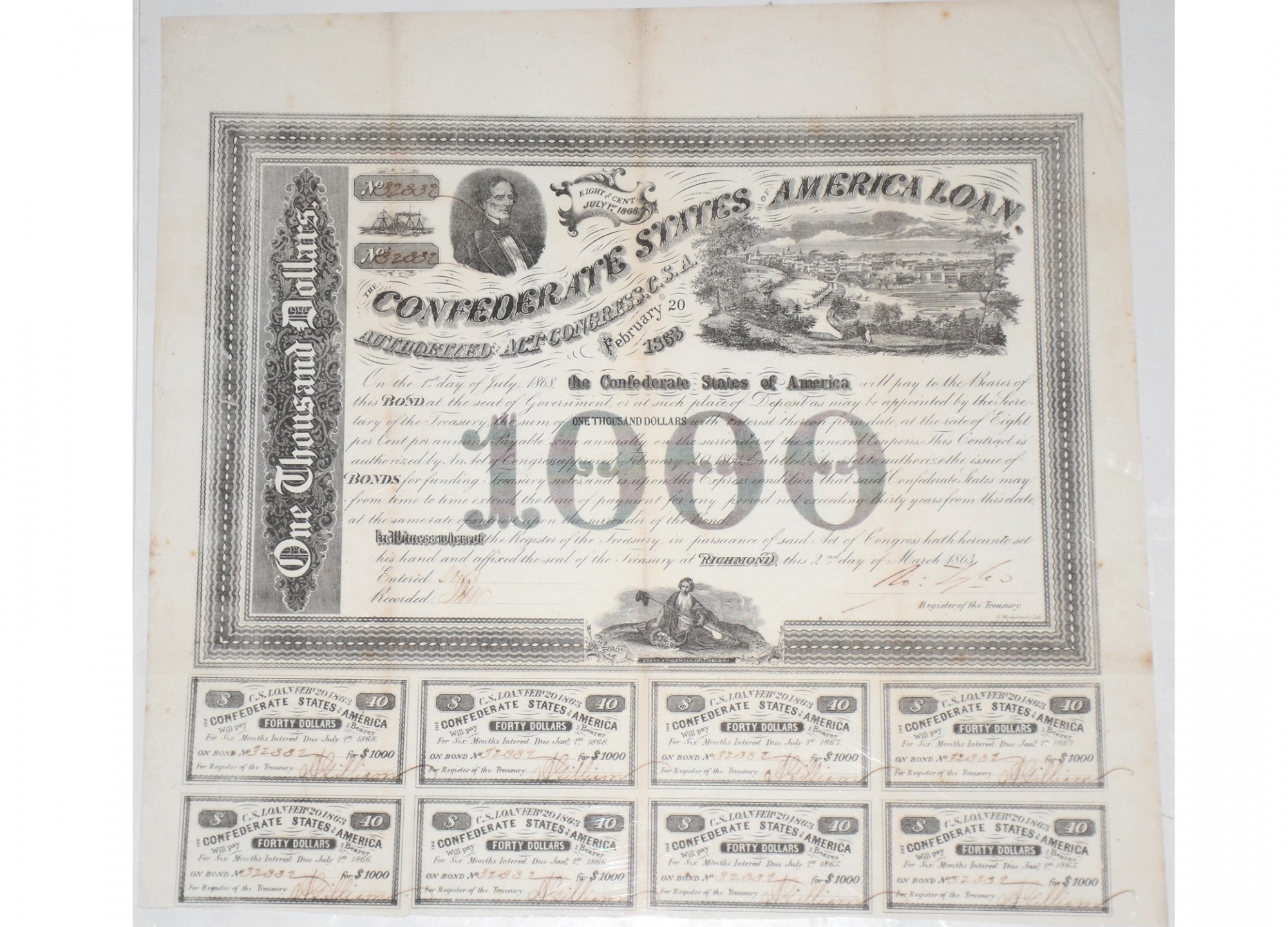 $1000 CONFEDERATE BOND ISSUED FROM RICHMOND