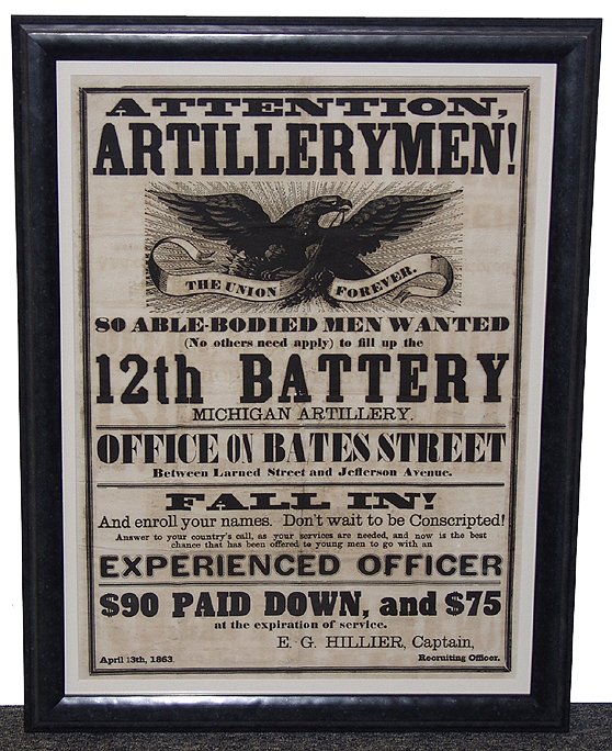 RECRUITING BROADSIDE - 12TH BATTERY MICHIGAN LIGHT ARTILLERY