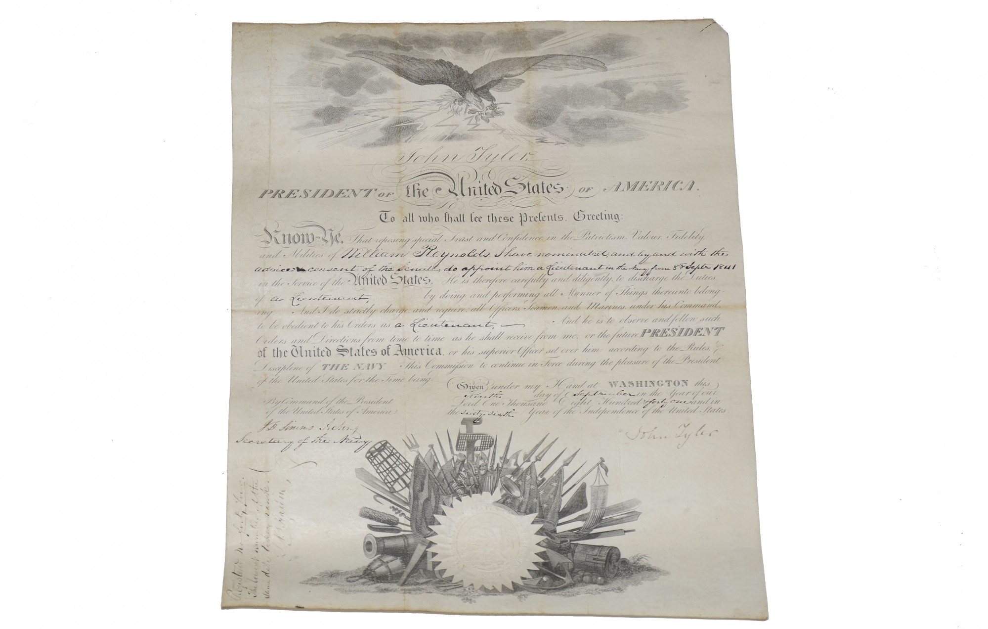 WILLIAM REYNOLDS’ NAVAL OFFICER’S 1ST LIEUTENANT COMMISSION SIGNED BY PRESIDENT JOHN TYLER IN VERY FINE CONDITION 