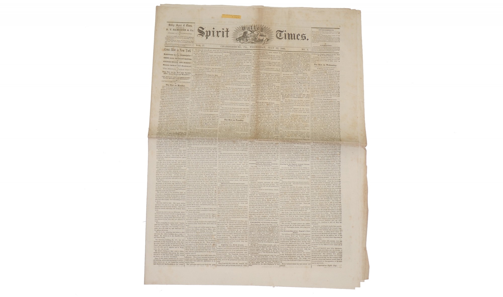 SPIRIT VALLEY TIMES, CHAMBERSBURG, PA - JULY 22, 1863