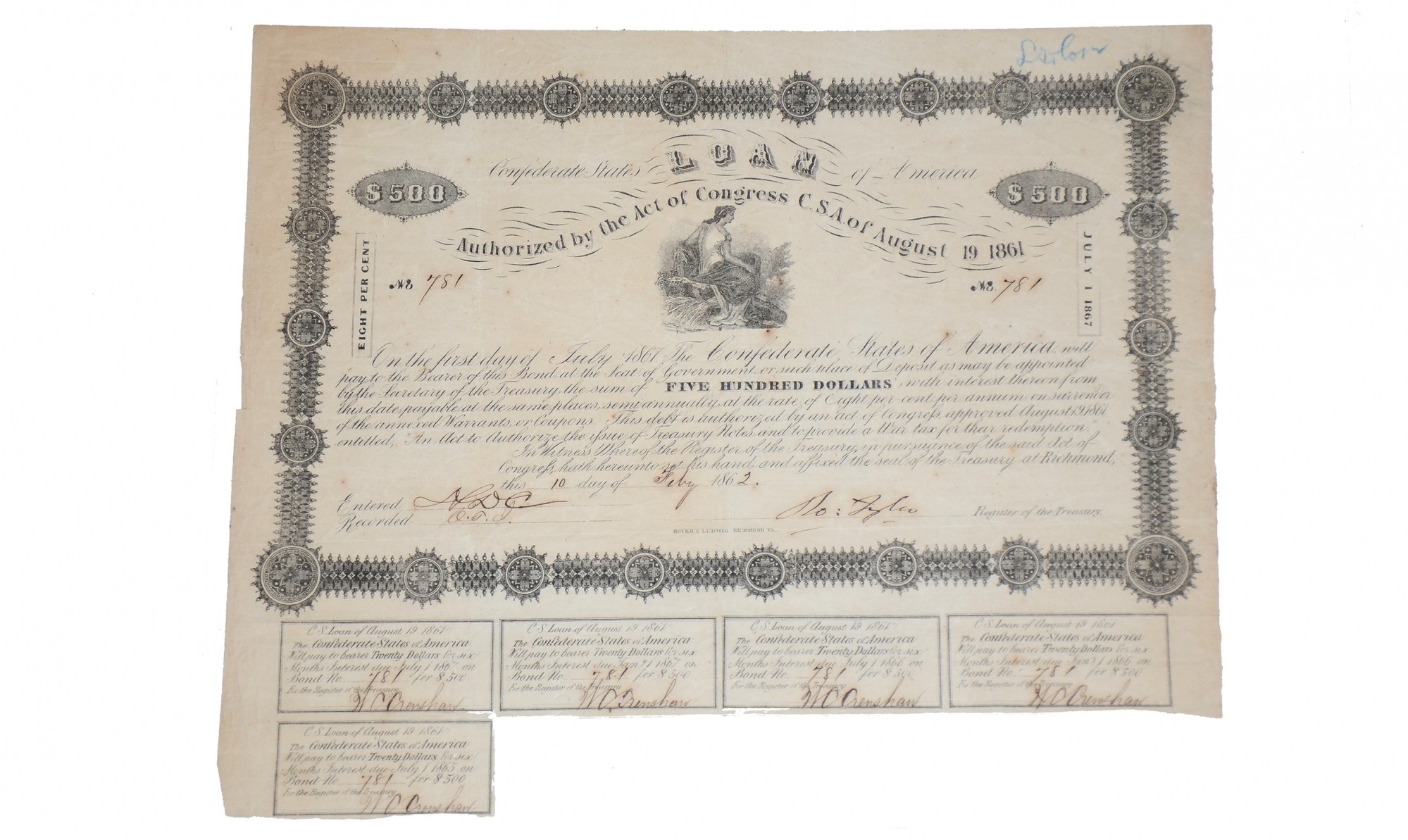 $500 CONFEDERATE BOND ISSUED FROM RICHMOND