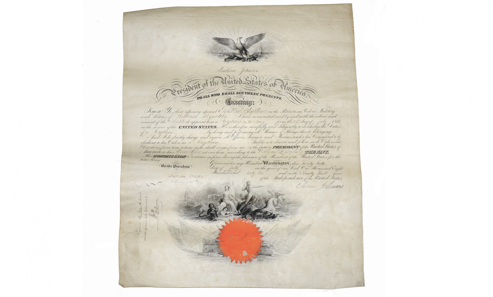 WILLIAM REYNOLDS’ NAVAL OFFICER’S COMMISSION AS CAPTAIN, IN EXCELLENT CONDITION WITH ANDREW JOHNSON STAMPED SIGNATURE