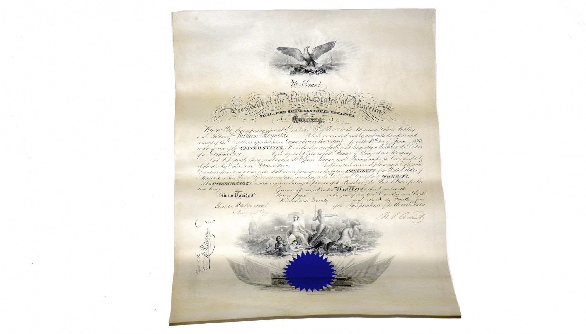 WILLIAM REYNOLDS’ NAVAL OFFICER’S COMMISSION AS COMMODORE, IN EXCELLENT CONDITION AND SIGNED BY ULYSSES S. GRANT