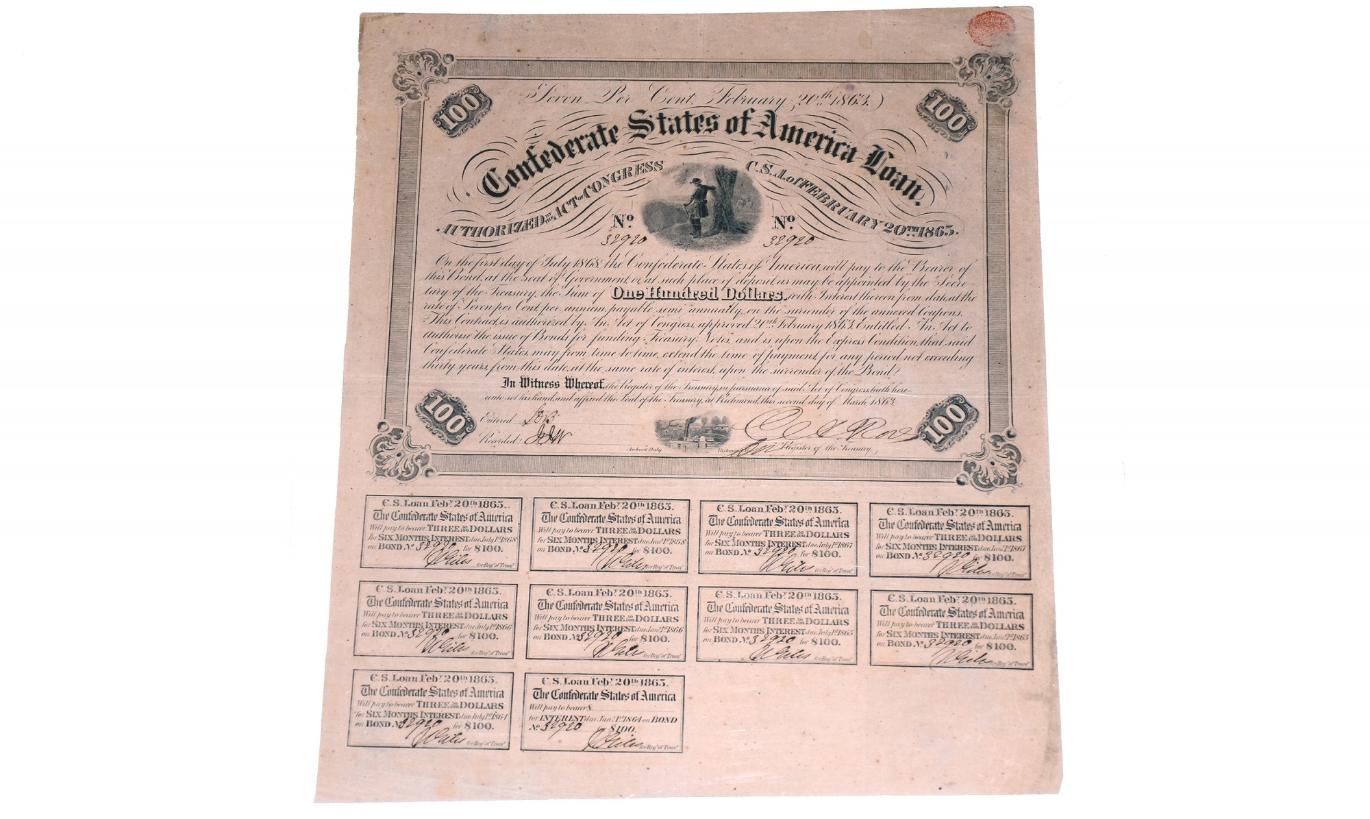 $100 CONFEDERATE BOND ISSUED FROM RICHMOND