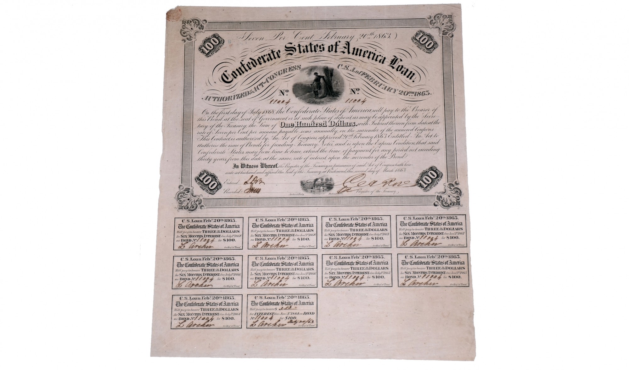 $100 CONFEDERATE BOND ISSUED FROM RICHMOND