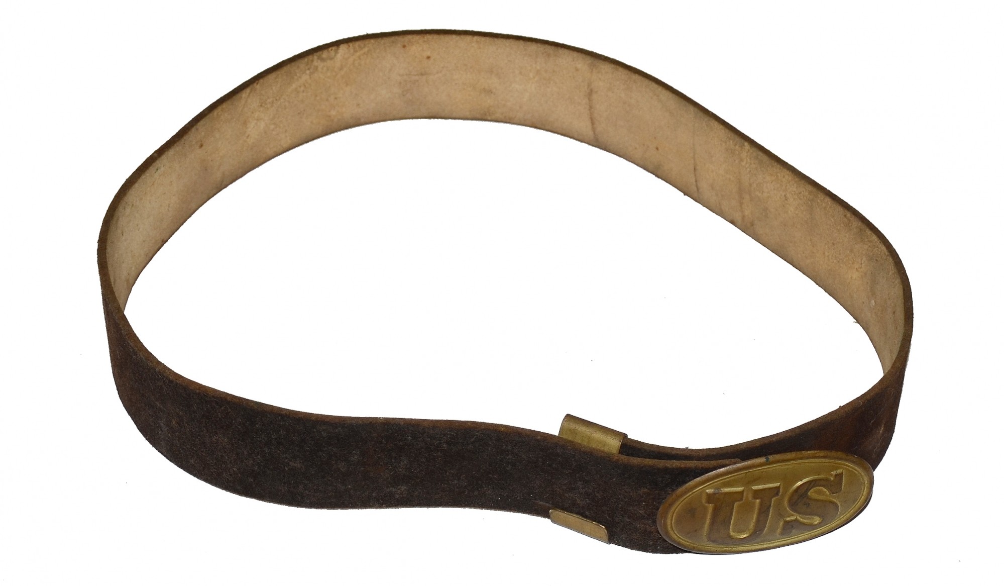UNISSUED, FEDERAL ENLISTED INFANTRYMAN’S BUFF LEATHER WAIST BELT AND ITS REGULATION 1839 PATTERN, OVAL U.S. BELT PLATE WITH NEW JERSEY MAKER’S MARK
