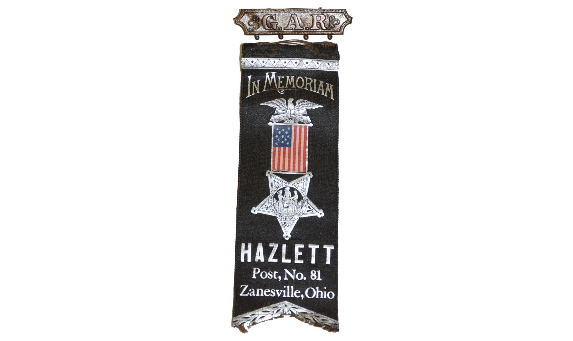 HAZLETT GAR POST #81 MOURNING RIBBON, ID’D TO 5TH & 12TH MAINE OFFICER CAPT. EDWARD M. ROBINSON