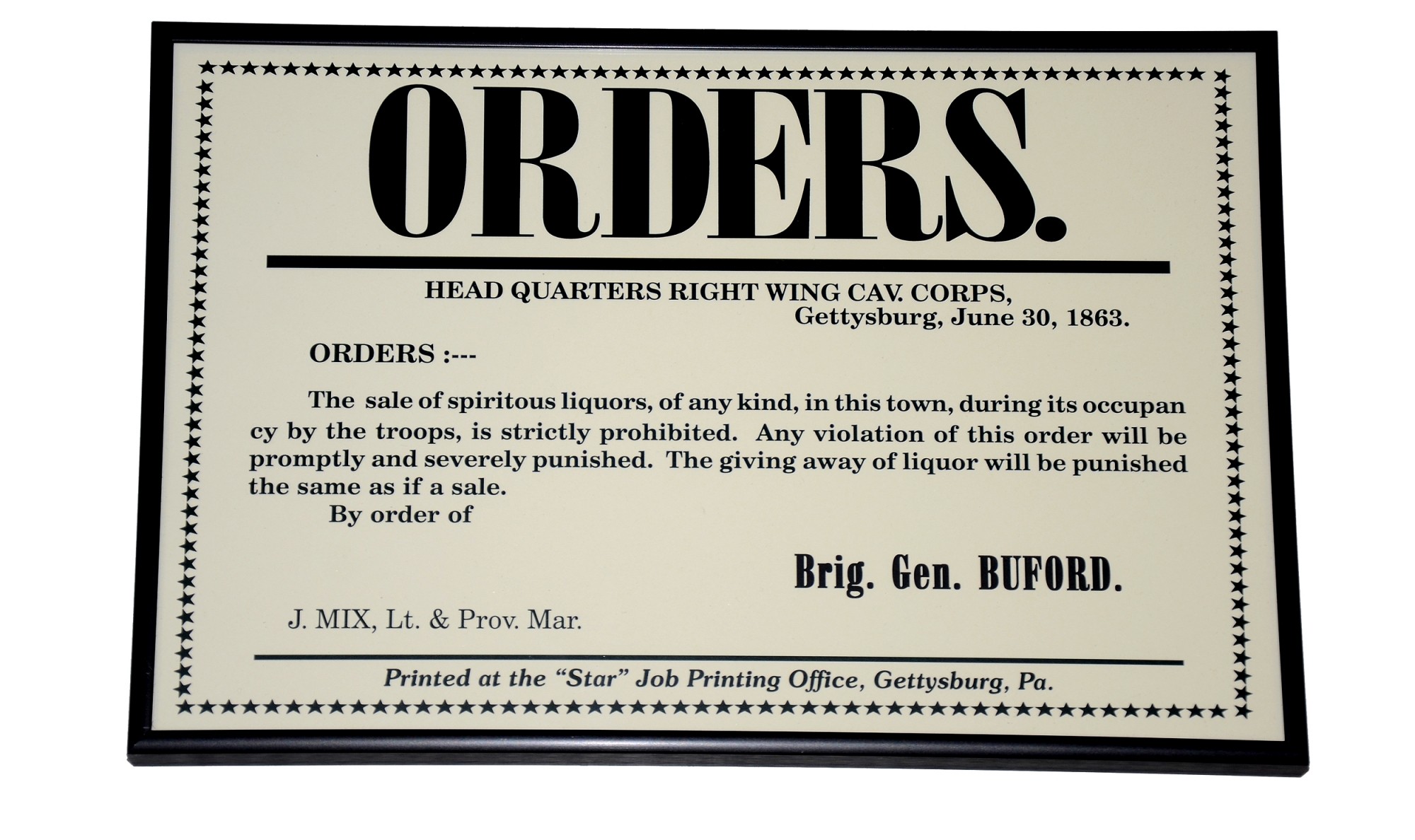GEN. JOHN BUFORD GETTYSBURG CAVALRY ORDERS, JUNE 30, 1863